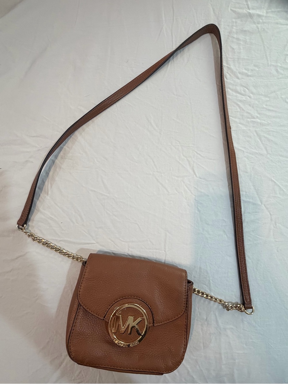 Michael Kors Tan Leather Crossbody with Gold MK Medallion